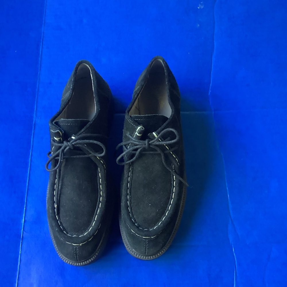 Seychelles Black Suede Loafers with Brown Sole